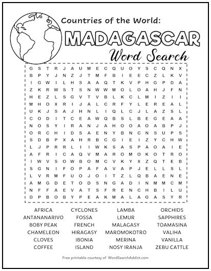 Madagascar Printable Word Search Puzzle