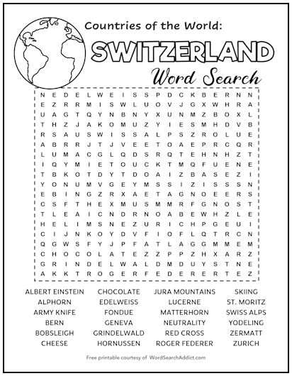 Switzerland Printable Word Search Puzzle