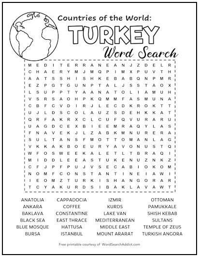 Turkey Printable Word Search Puzzle
