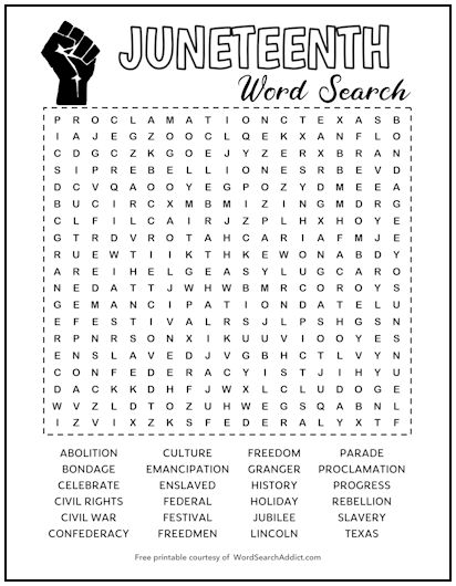 Juneteenth Printable Word Search Puzzle