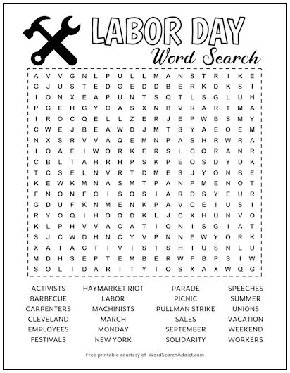 Labor Day Printable Word Search Puzzle