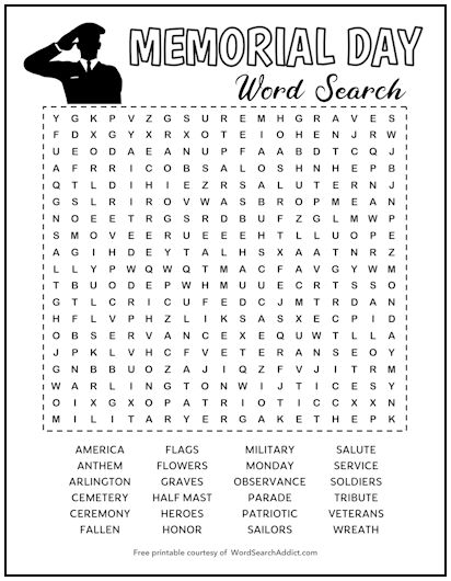 Memorial Day Printable Word Search Puzzle