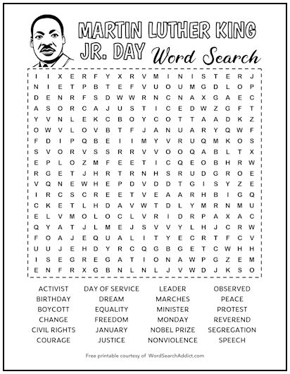 Martin Luther King Jr. Day Printable Word Search Puzzle
