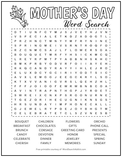 Mother's Day Printable Word Search Puzzle