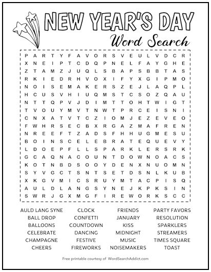 New Year's Day Printable Word Search Puzzle