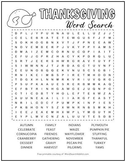 Thanksgiving Printable Word Search Puzzle