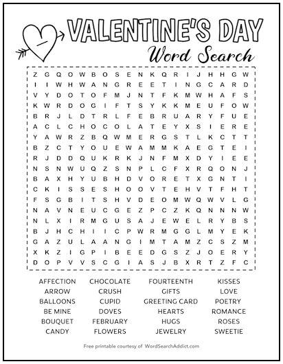 Valentine's Day Printable Word Search Puzzle
