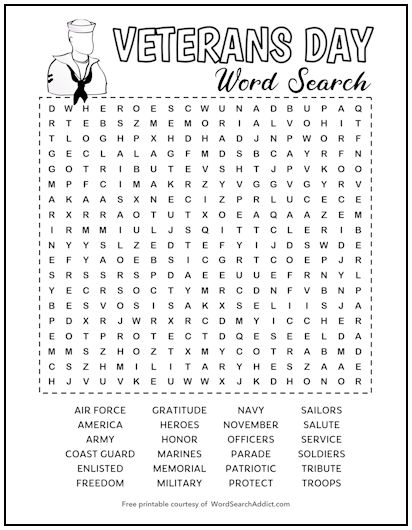 Veterans Day Printable Word Search Puzzle