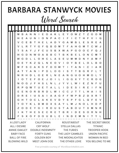 Barbara Stanwyck Movies Printable Word Search Puzzle