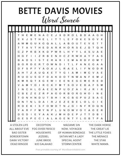 Bette Davis Movies Printable Word Search Puzzle