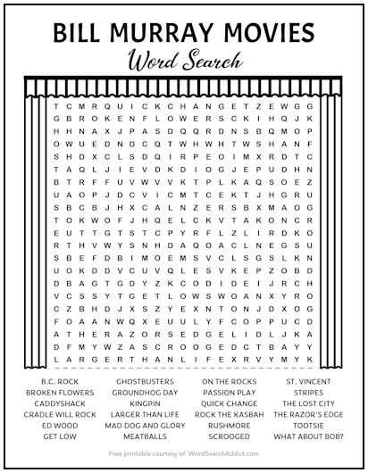 Bill Murray Movies Printable Word Search Puzzle