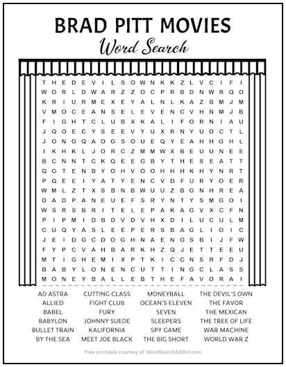Brad Pitt Movies Printable Word Search Puzzle