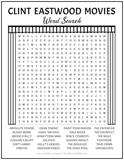 Clint Eastwood Movies Printable Word Search Puzzle