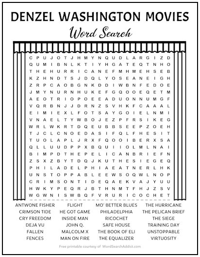 Denzel Washington Movies Printable Word Search Puzzle
