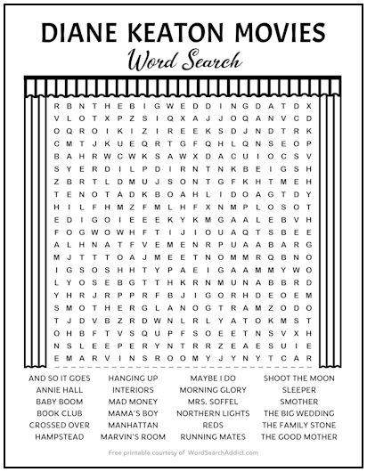 Diane Keaton Movies Printable Word Search Puzzle