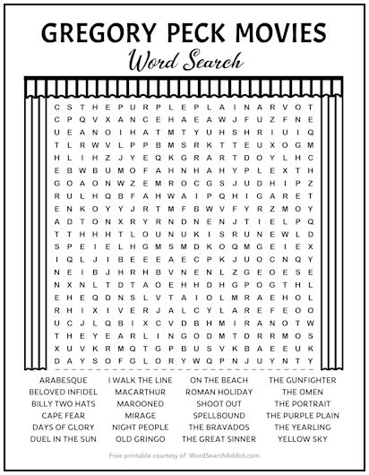 Gregory Peck Movies Printable Word Search Puzzle