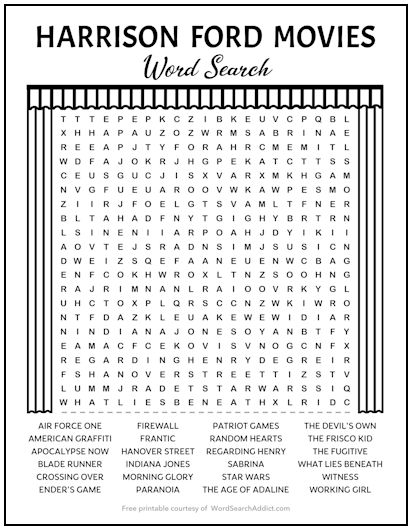 Harrison Ford Movies Printable Word Search Puzzle