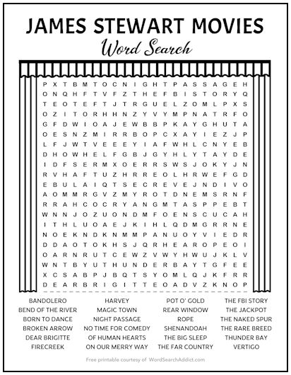 James Stewart Movies Printable Word Search Puzzle