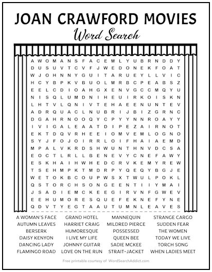 Joan Crawford Movies Printable Word Search Puzzle