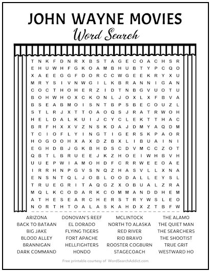 John Wayne Movies Printable Word Search Puzzle