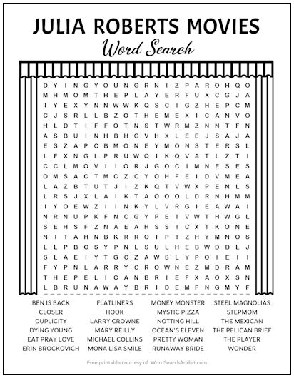 Julia Roberts Movies Printable Word Search Puzzle