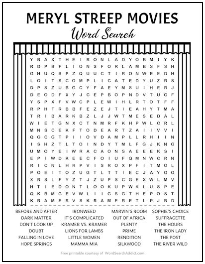 Meryl Streep Movies Printable Word Search Puzzle