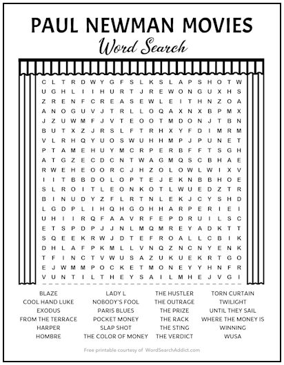 Paul Newman Movies Printable Word Search Puzzle