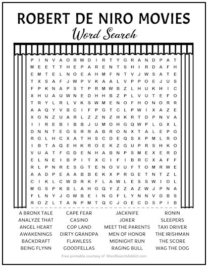 Robert De Niro Movies Printable Word Search Puzzle