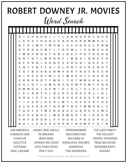 Robert Downey Jr. Movies Printable Word Search Puzzle