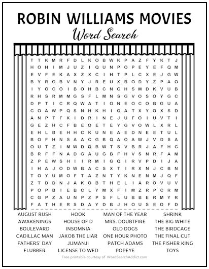 Robin Williams Movies Printable Word Search Puzzle