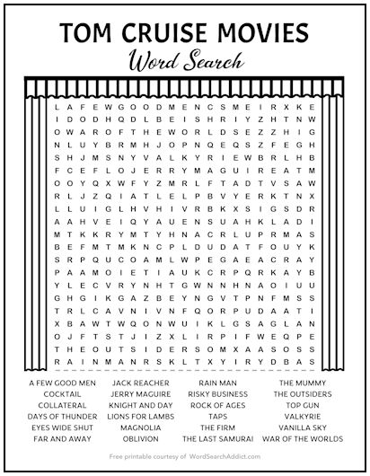 Tom Cruise Movies Printable Word Search Puzzle