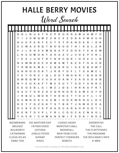 Halle Berry Movies Printable Word Search Puzzle