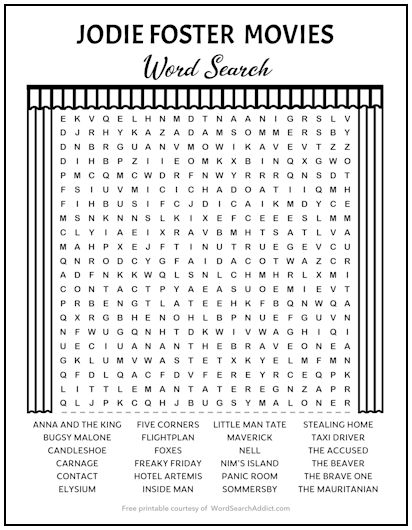 Jodie Foster Movies Printable Word Search Puzzle