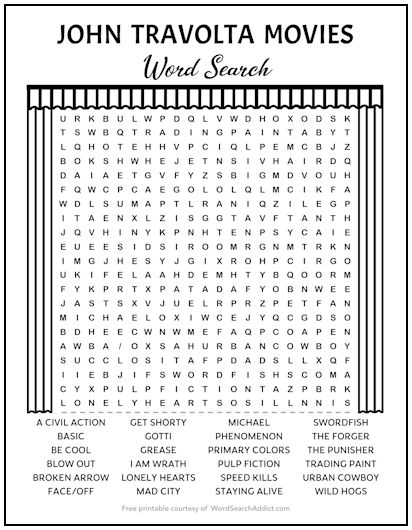 John Travolta Movies Printable Word Search Puzzle