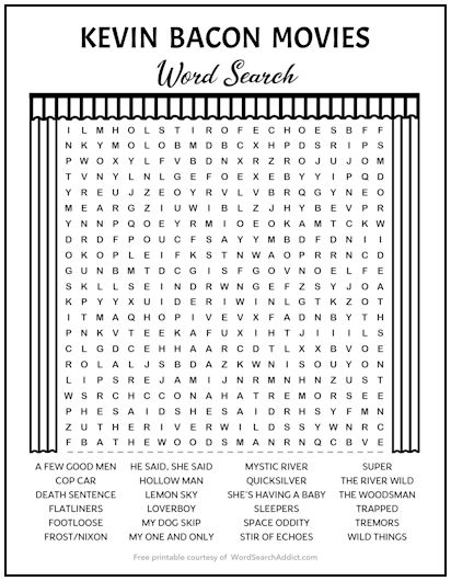 Kevin Bacon Movies Printable Word Search Puzzle
