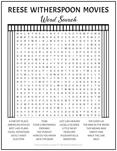 Reese Witherspoon Movies Printable Word Search Puzzle