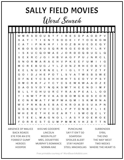 Sally Field Movies Printable Word Search Puzzle