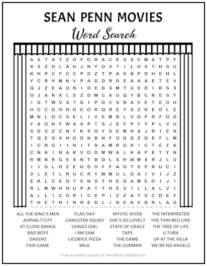 Sean Penn Movies Printable Word Search Puzzle