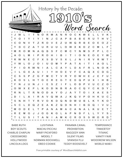 1910s Printable Word Search Puzzle