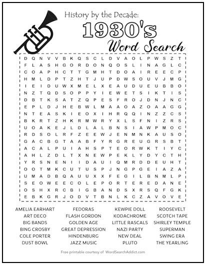 1930s Printable Word Search Puzzle 1930s Printable Word Search Puzzle