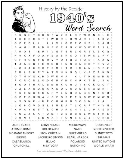 1940s Printable Word Search Puzzle
