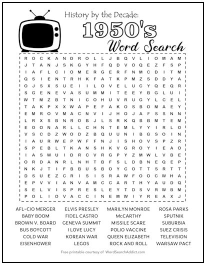 1950s Printable Word Search Puzzle