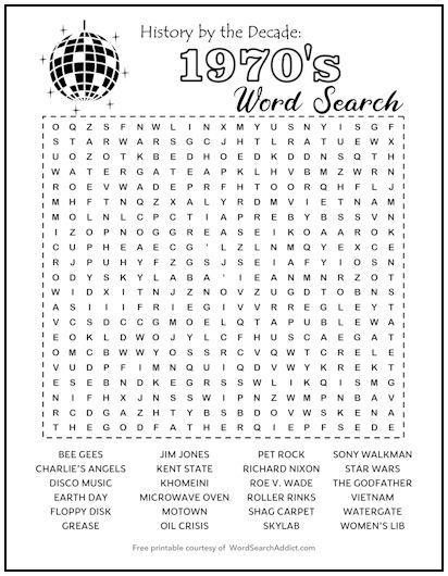 1970s Printable Word Search Puzzle