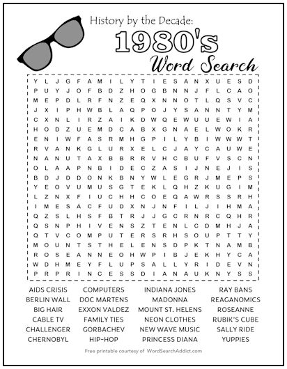 1980s Printable Word Search Puzzle