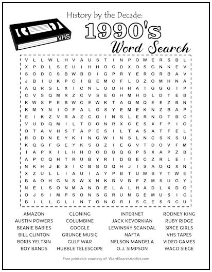 1990s Printable Word Search Puzzle