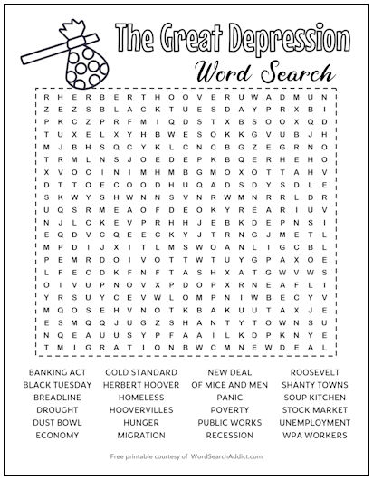 Great Depression Printable Word Search