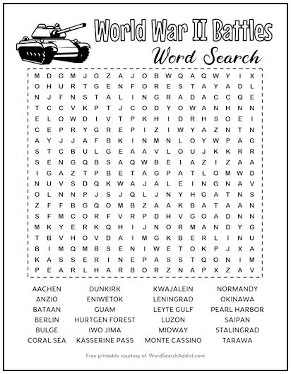 World War Two Battles Printable Word Search