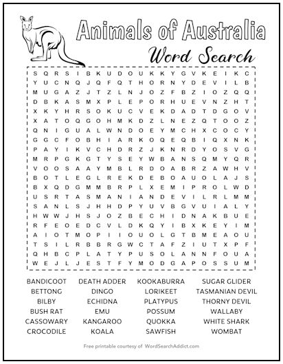 Animals of Australia Printable Word Search