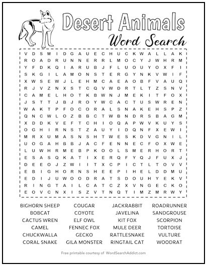 Desert Animals Printable Word Search