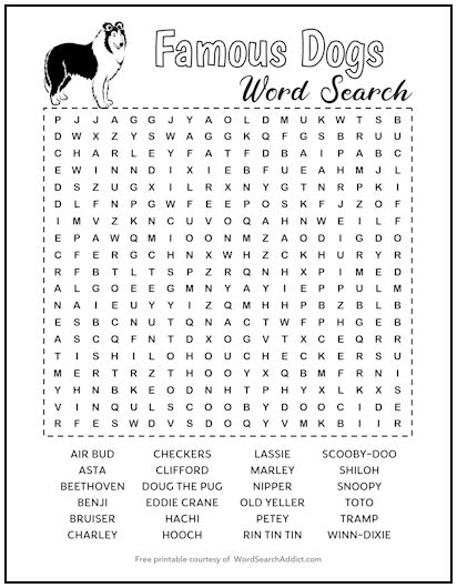 Famous Dogs Printable Word Search